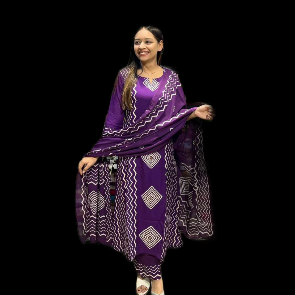 Cotton Purple Women's Kurti Pant set with Dupatta mahezon