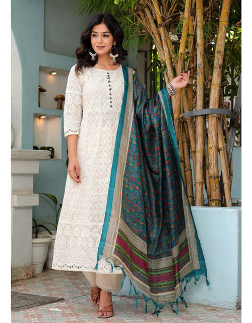 Load image into Gallery viewer, Cotton White Chikankari Anarkali Women&#39;s Kurta Pant With Dupatta mahezon

