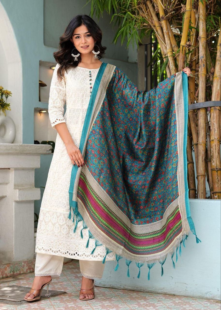 Cotton White Chikankari Anarkali Women's Kurta Pant With Dupatta mahezon