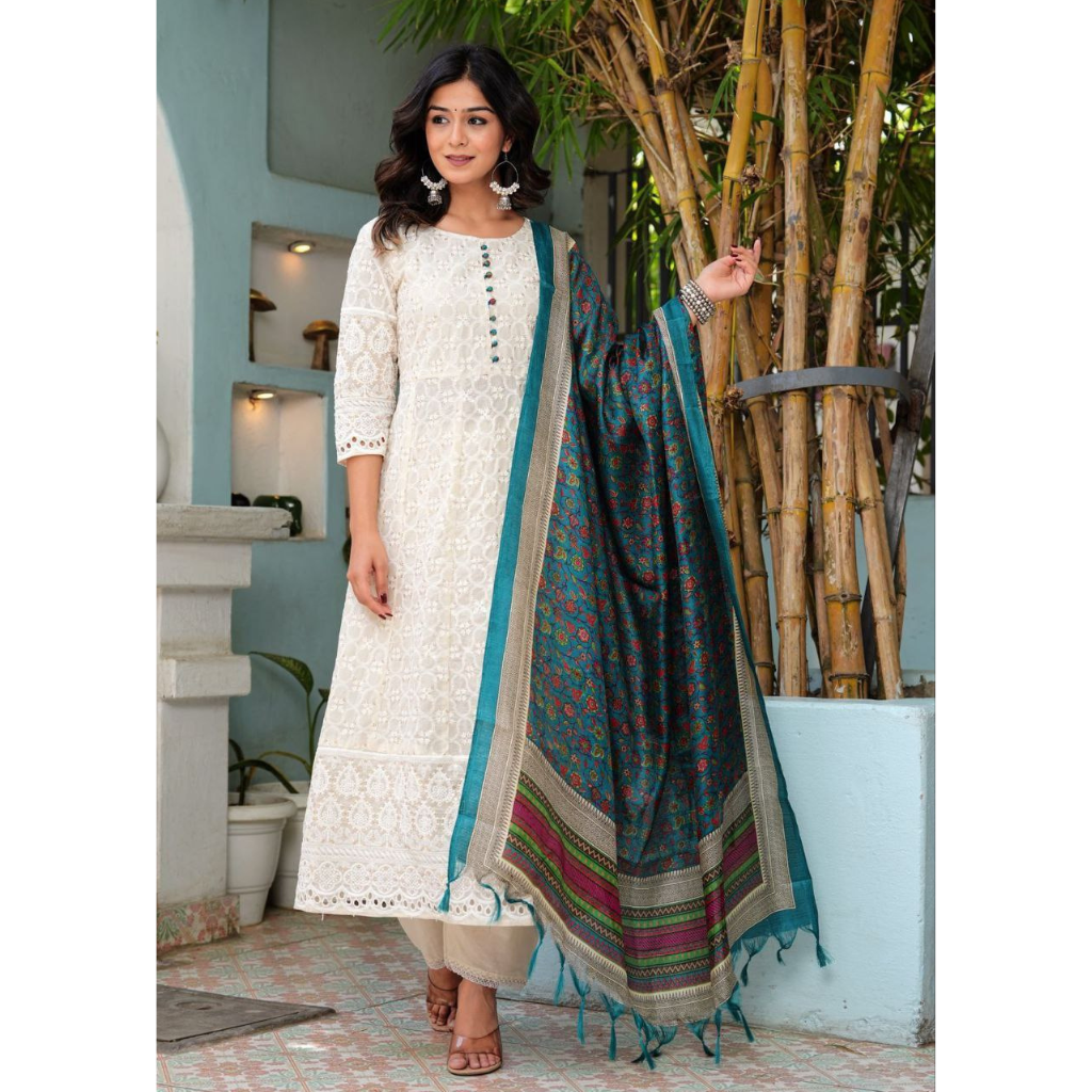 Cotton White Chikankari Anarkali Women's Kurta Pant With Dupatta mahezon