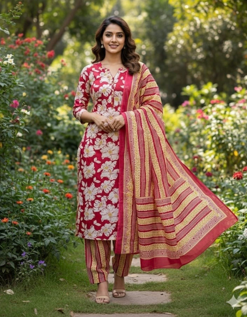 Load image into Gallery viewer, Jaipuri Cotton Women Kurta Pant Dupatta Set mahezon
