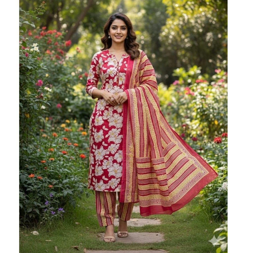Jaipuri Cotton Women Kurta Pant Dupatta Set mahezon