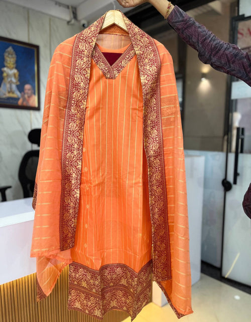 Load image into Gallery viewer, Festive Orange Cotton Women Kurti Leggings with Dupatta Set mahezon
