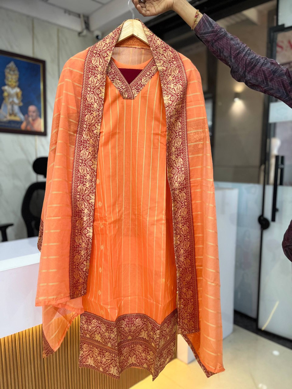 Festive Orange Cotton Women Kurti Leggings with Dupatta Set mahezon