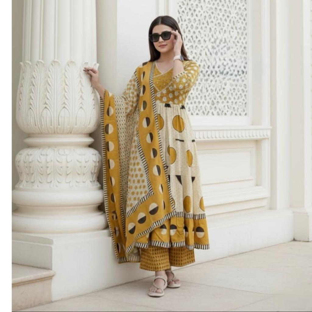 Cotton Anarkali Women Kurti Pant Dupatta Set mahezon