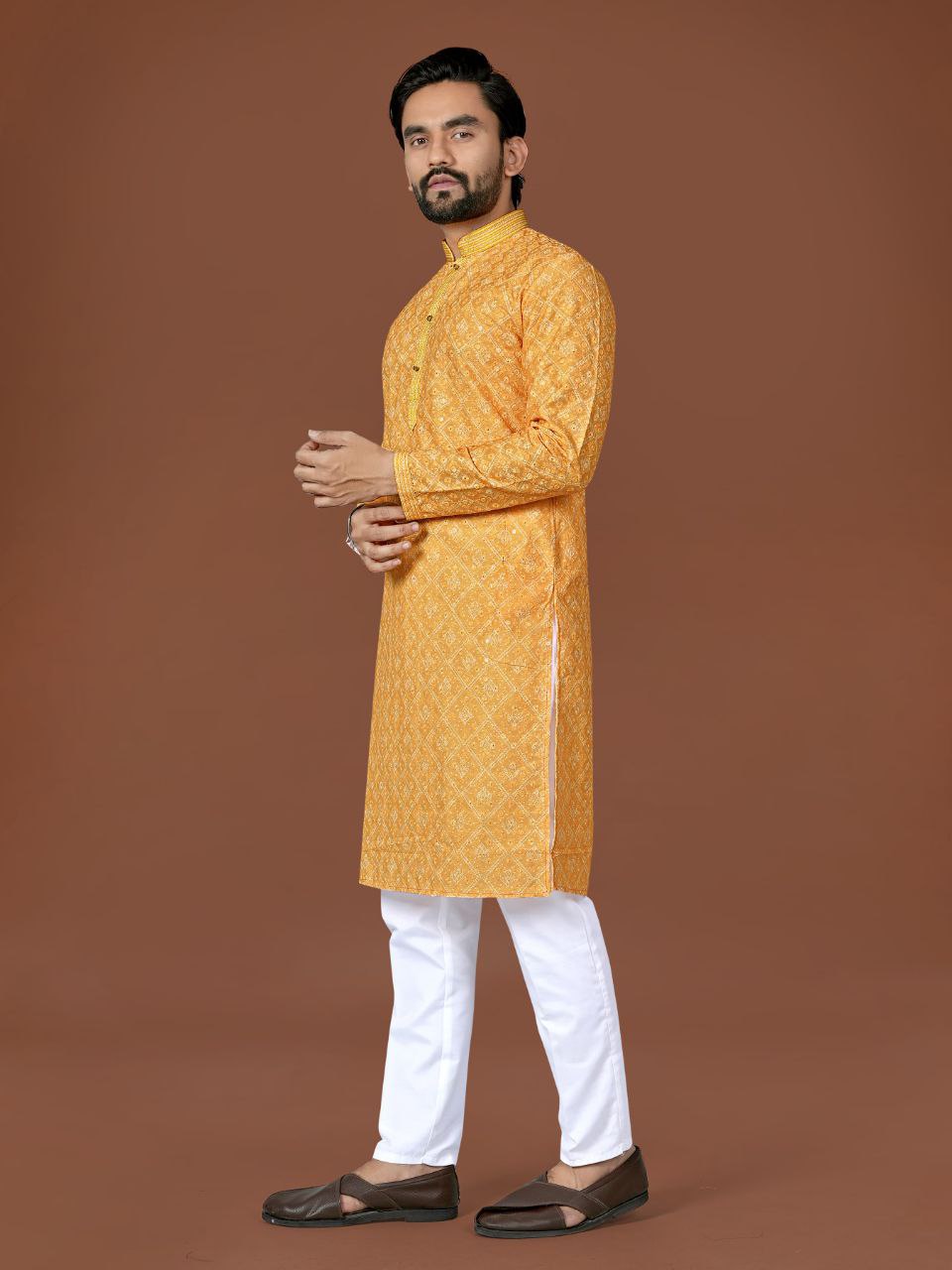 Indian Cotton Yellow Lucknowi Men Kurta Pajama Set for Haldi Wedding mahezon