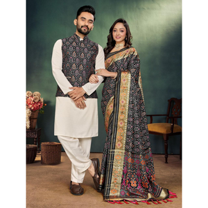 Couple Matching Outfits Men Kurta Pajama Koti and Women's Saree