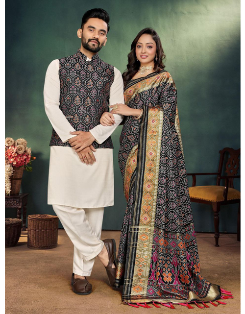 Load image into Gallery viewer, Couple Matching Outfits Men Kurta Pajama Koti and Women&#39;s Saree
