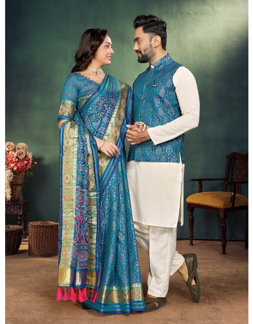 Load image into Gallery viewer, Couple Matching Outfits Men Kurta Pajama Koti and Women&#39;s Saree
