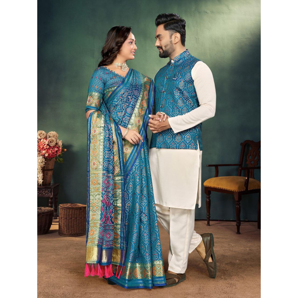 Couple Matching Outfits Men Kurta Pajama Koti and Women's Saree