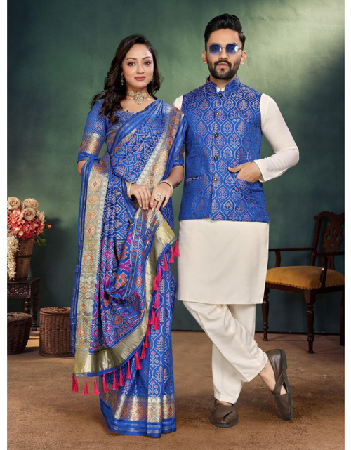 Load image into Gallery viewer, Couple Matching Outfits Men Kurta Pajama Koti and Women&#39;s Saree
