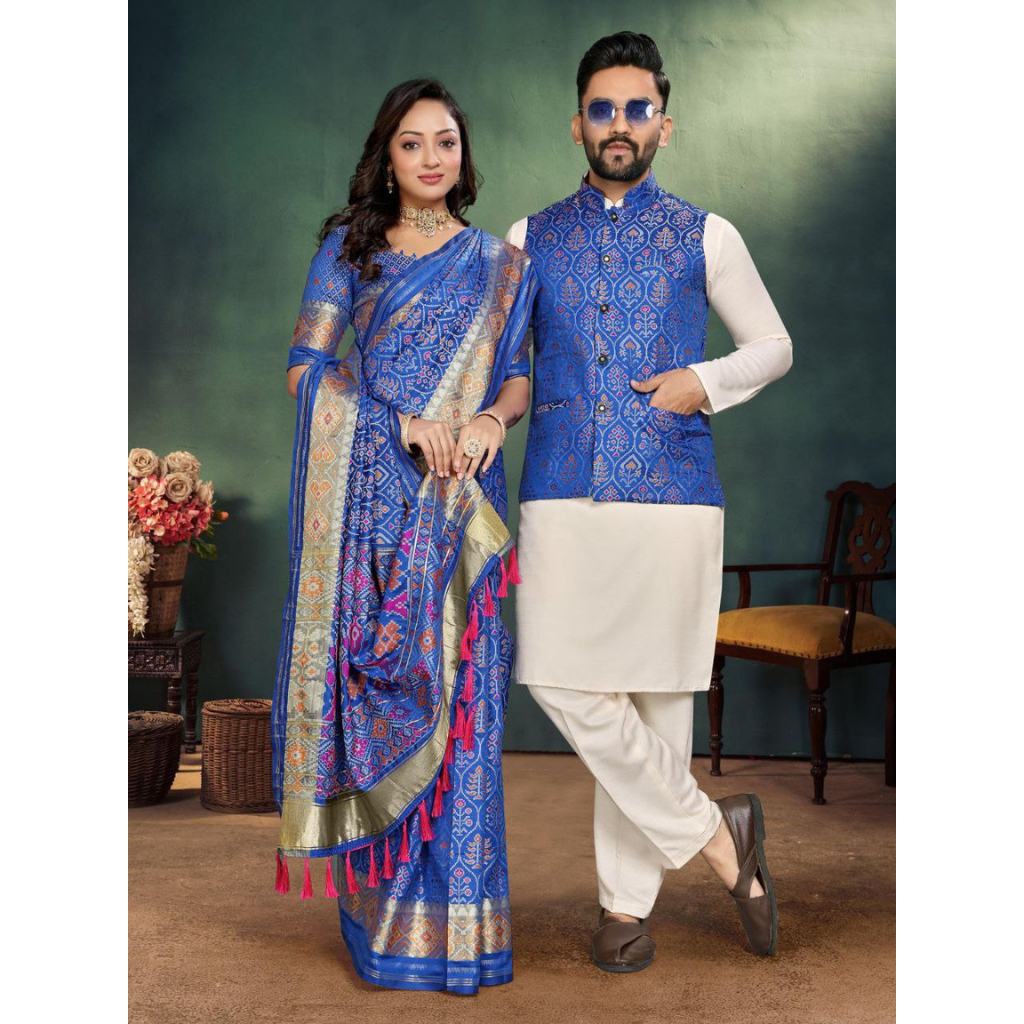 Couple Matching Outfits Men Kurta Pajama Koti and Women's Saree