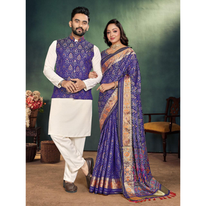 Couple Matching Outfits Men Kurta Pajama Koti and Women's Saree