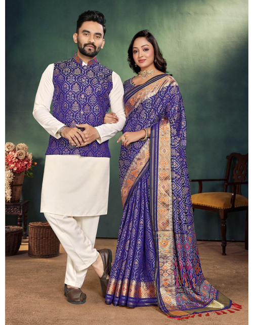 Load image into Gallery viewer, Couple Matching Outfits Men Kurta Pajama Koti and Women&#39;s Saree
