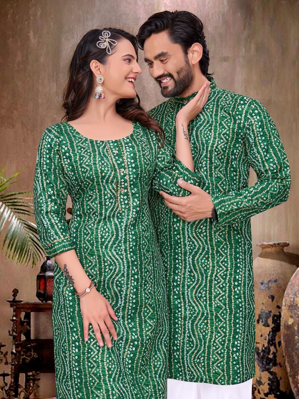 Couple Wear Badhani Print Indian Traditional Same Matching Outfits Set mahezon