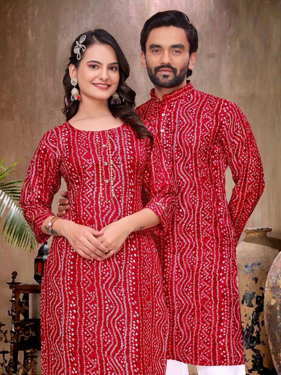 Couple Wear Badhani Print Indian Traditional Same Matching Outfits Set mahezon