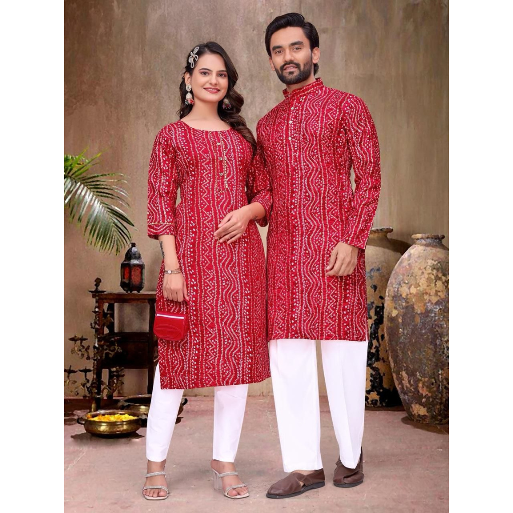 Couple Wear Badhani Print Indian Traditional Same Matching Outfits Set mahezon