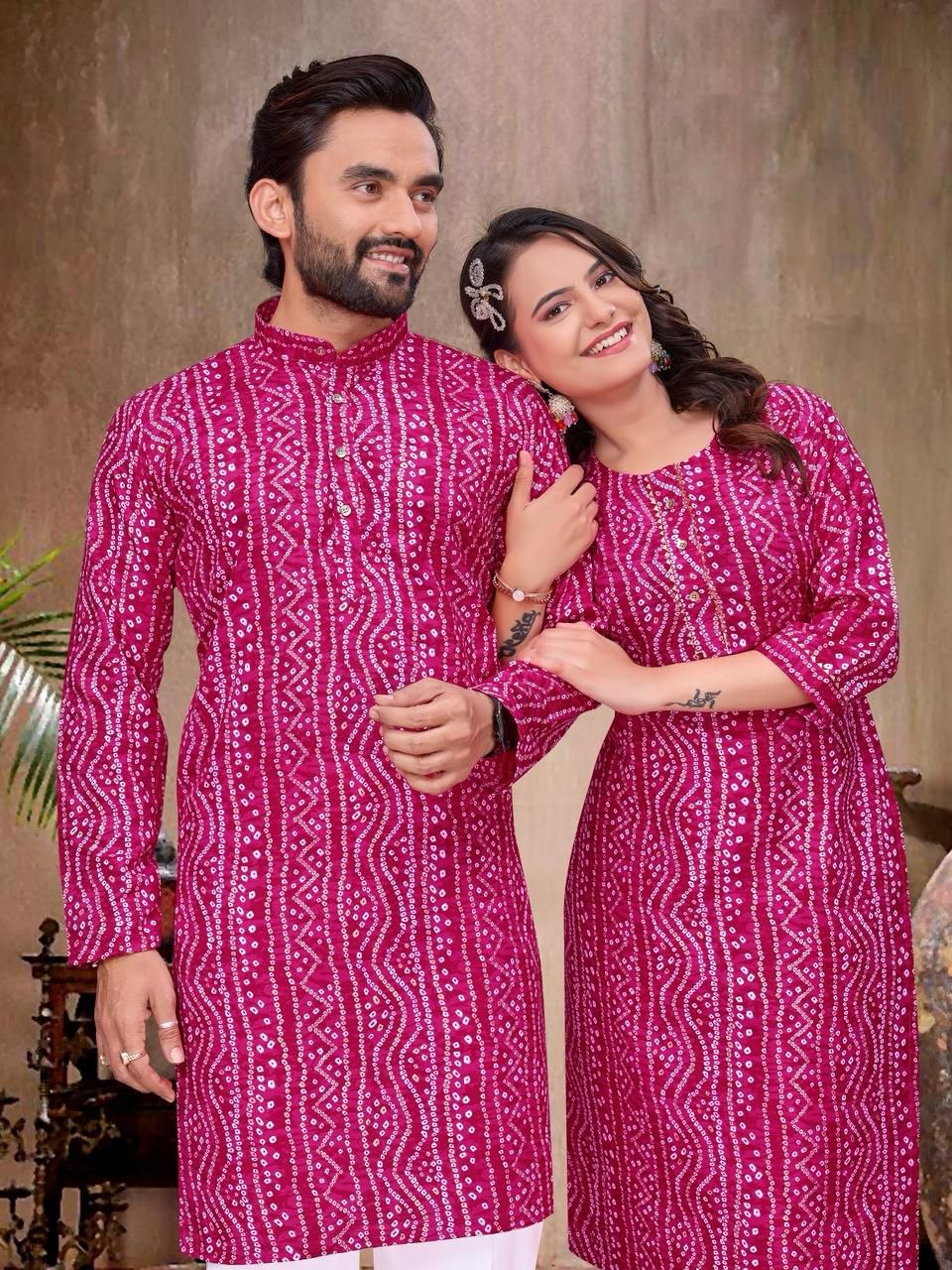 Couple Wear Badhani Print Indian Traditional Same Matching Outfits Set mahezon