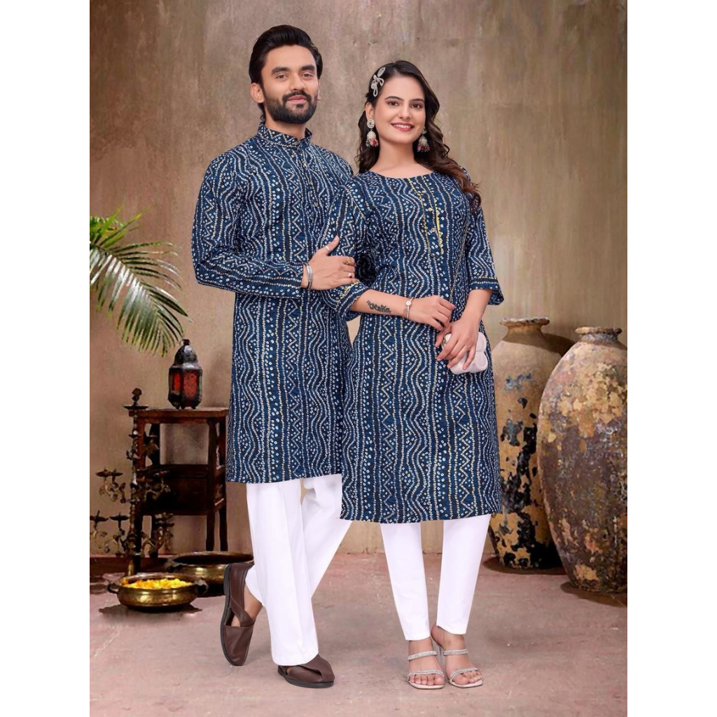 Couple Wear Badhani Print Indian Traditional Same Matching Outfits Set mahezon