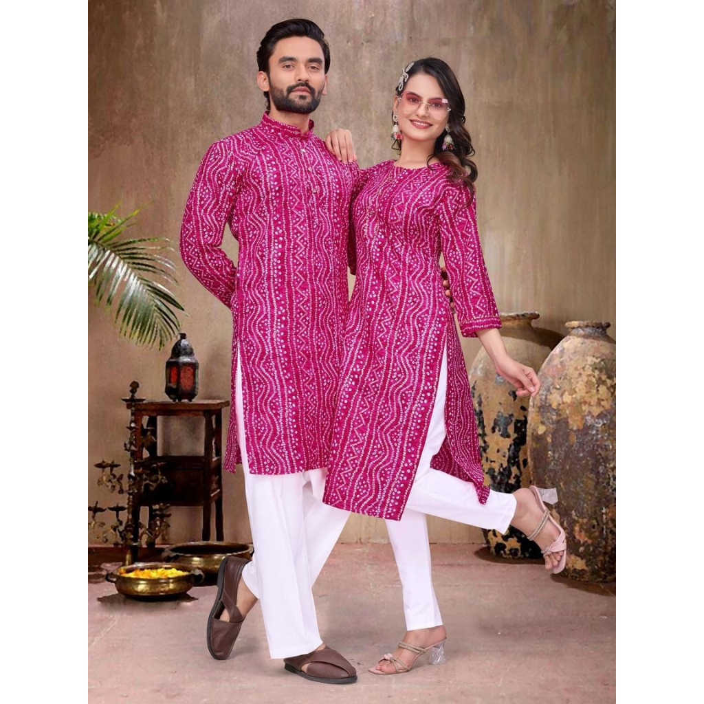 Couple Wear Badhani Print Indian Traditional Same Matching Outfits Set mahezon