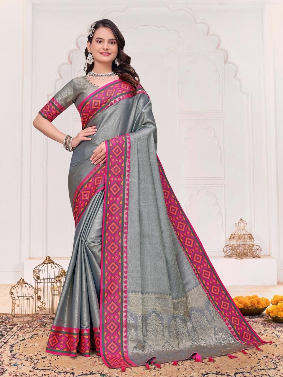 Couple Wear Traditional Indian Ethnic Men Kurta Pajama Koti and Women Saree mahezon