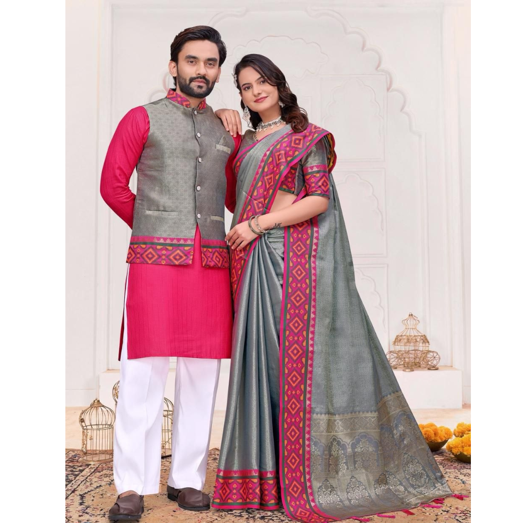 Couple Wear Traditional Indian Ethnic Men Kurta Pajama Koti and Women Saree mahezon