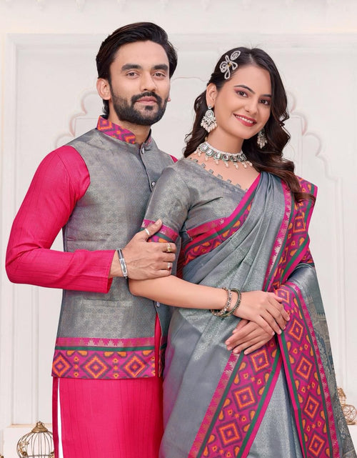 Load image into Gallery viewer, Couple Wear Traditional Indian Ethnic Men Kurta Pajama Koti and Women Saree mahezon
