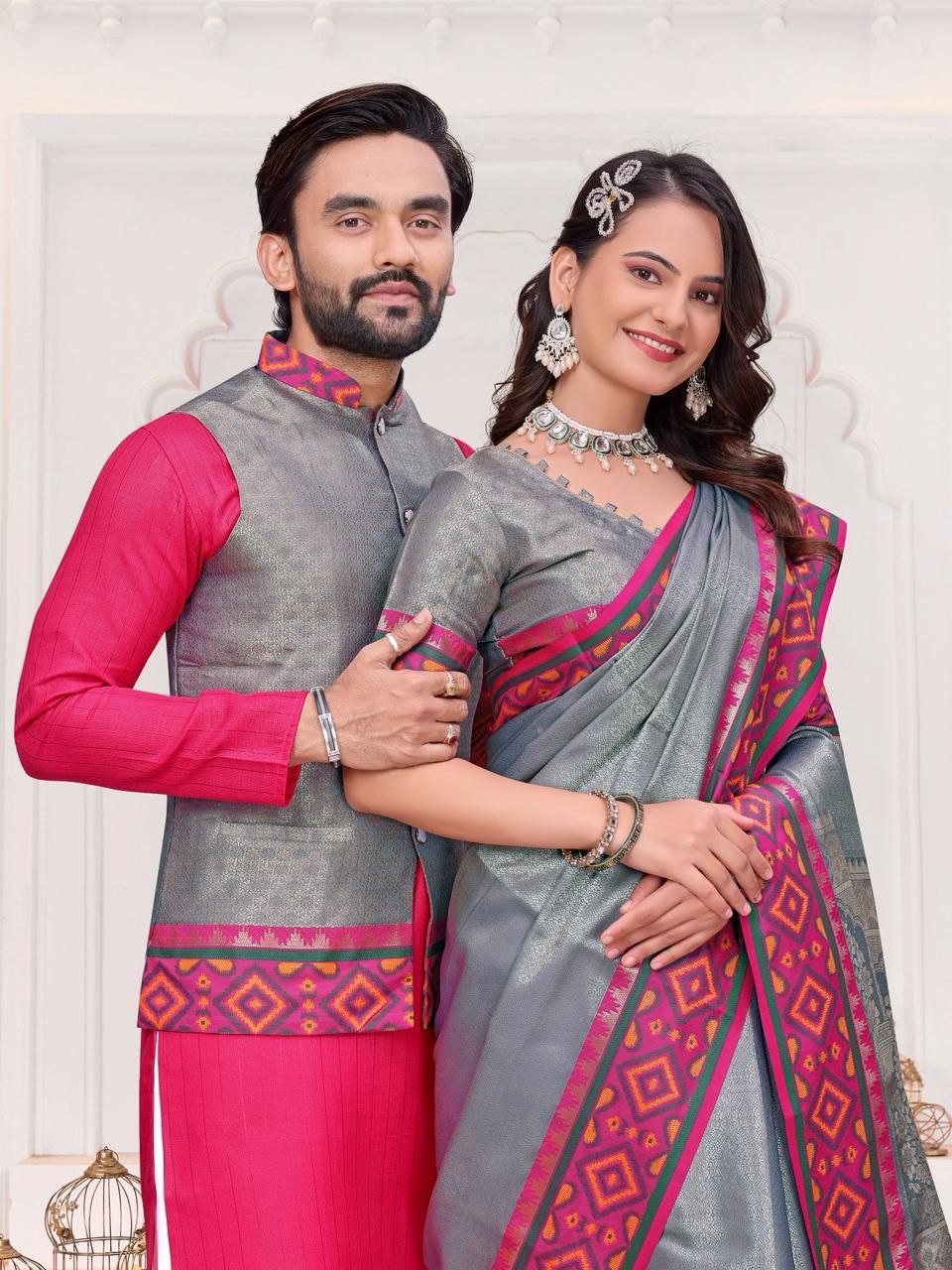 Couple Wear Traditional Indian Ethnic Men Kurta Pajama Koti and Women Saree mahezon