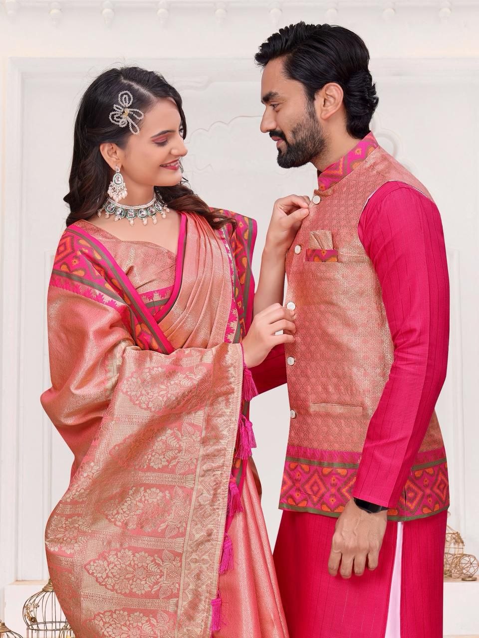 Couple Wear Wedding Indian Men Kurta Pajama Koti and Women Saree Outfits Set mahezon
