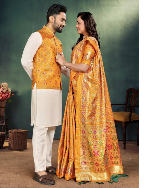 Load image into Gallery viewer, Couple wear Same Matching Outfits Men Kurta Pajama Koti and Women&#39;s Saree
