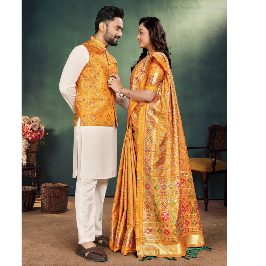 Couple wear Same Matching Outfits Men Kurta Pajama Koti and Women's Saree