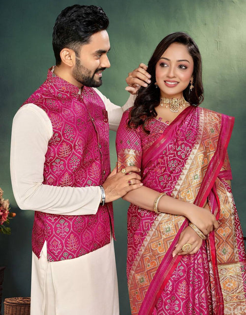 Load image into Gallery viewer, Couple wear Same Matching Outfits Men Kurta Pajama Koti and Women&#39;s Saree
