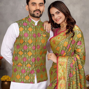 Couples wear Traditional Indian Green Mehendi Men Kurta Pajama Koti and Women Saree mahezon