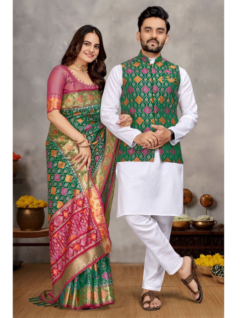 Load image into Gallery viewer, Couple wear Traditional Indian Dark Green Men Kurta Pajama Koti and Women Saree mahezon
