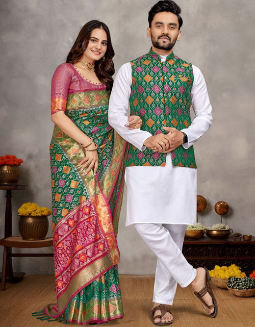 Load image into Gallery viewer, Couples wear Traditional Indian Green Men Kurta Pajama Koti and Women Saree mahezon
