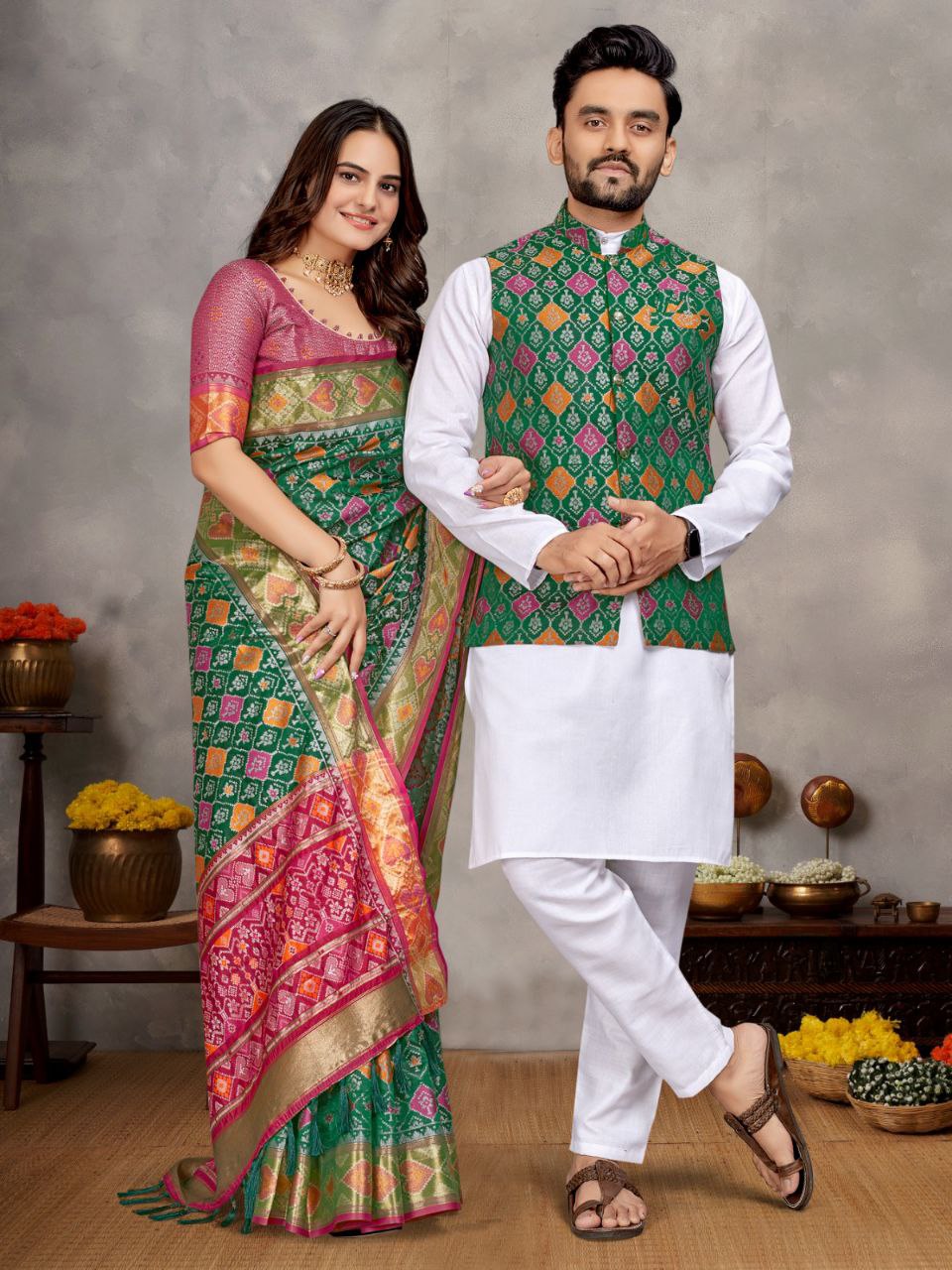 Couples wear Traditional Indian Green Men Kurta Pajama Koti and Women Saree mahezon