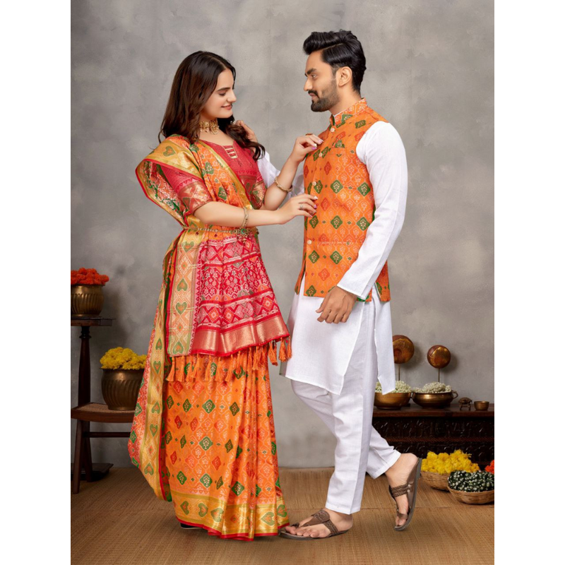 Couple wear Traditional Indian Orange Men Kurta Pajama Koti and