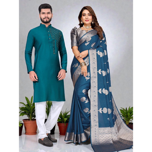 Traditional Couples Same Matching Men Kurta Pajama and Women Saree Blouse Outfits Set mahezon