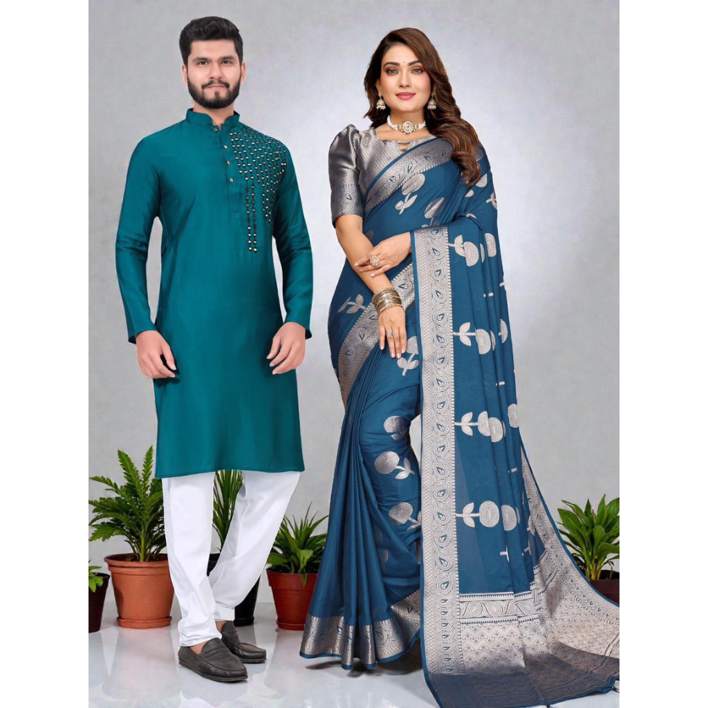 Traditional Couples Same Matching Men Kurta Pajama and Women Saree Blouse Outfits Set mahezon
