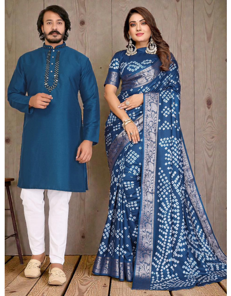 Couples Traditional Same Matching Men Kurta Pajama and Women Saree Blouse Outfits Set mahezon