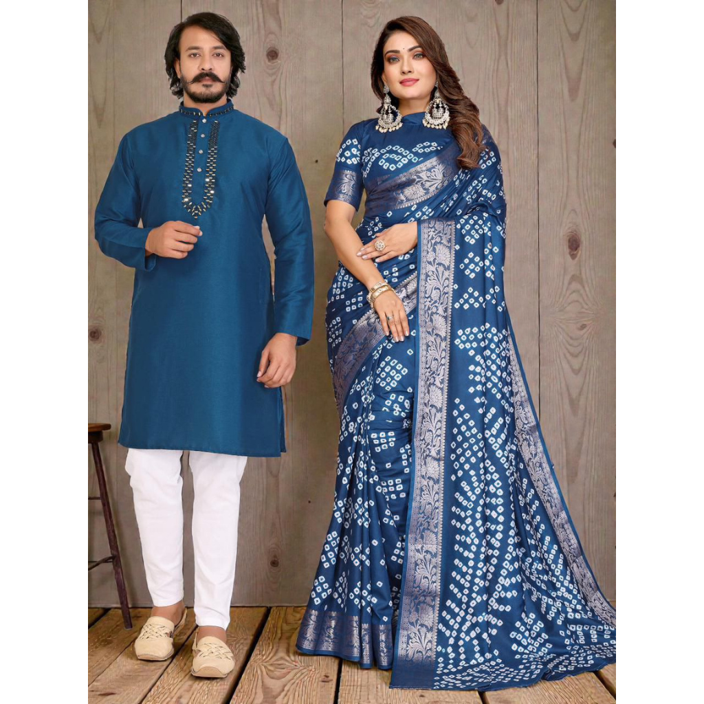 Couples Traditional Same Matching Men Kurta Pajama and Women Saree Blouse Outfits Set mahezon