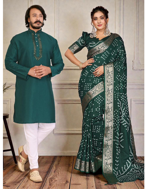 Load image into Gallery viewer, Couples Traditional Same Matching Men Kurta Pajama and Women Saree Blouse Outfits Set mahezon
