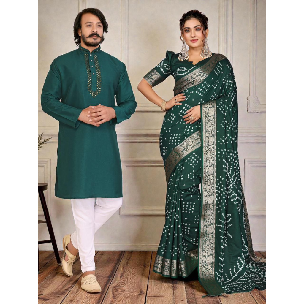 Couples Traditional Same Matching Men Kurta Pajama and Women Saree Blouse Outfits Set mahezon