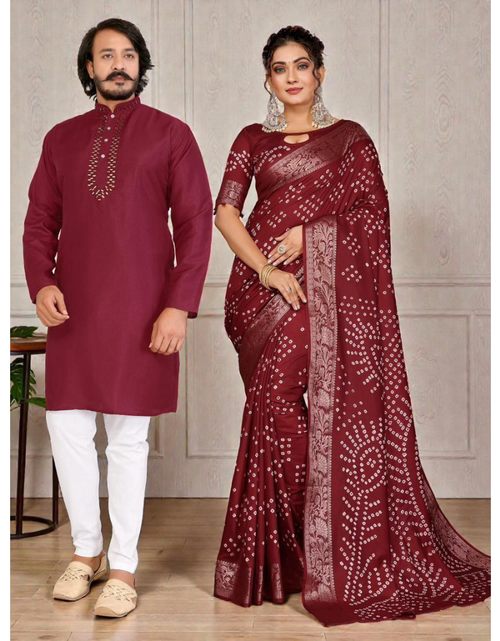 Load image into Gallery viewer, Couples Traditional Same Matching Men Kurta Pajama and Women Saree Blouse Outfits Set mahezon
