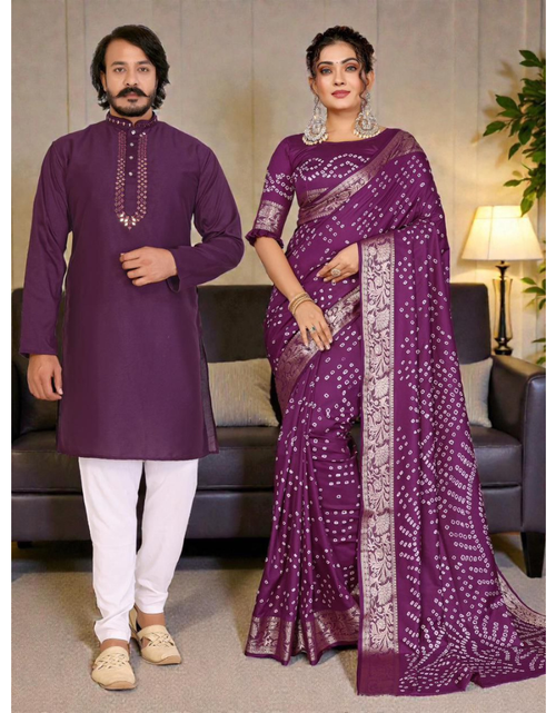 Load image into Gallery viewer, Couples Traditional Same Matching Men Kurta Pajama and Women Saree Blouse Outfits Set mahezon
