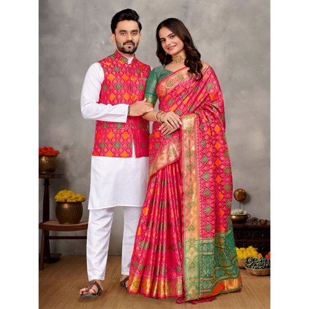 Couples wear Traditional Indian Pink Men Kurta Pajama Koti and Women Saree mahezon