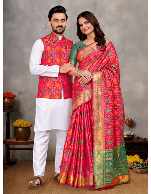 Couples wear Traditional Indian Pink Men Kurta Pajama Koti and Women S mahezon