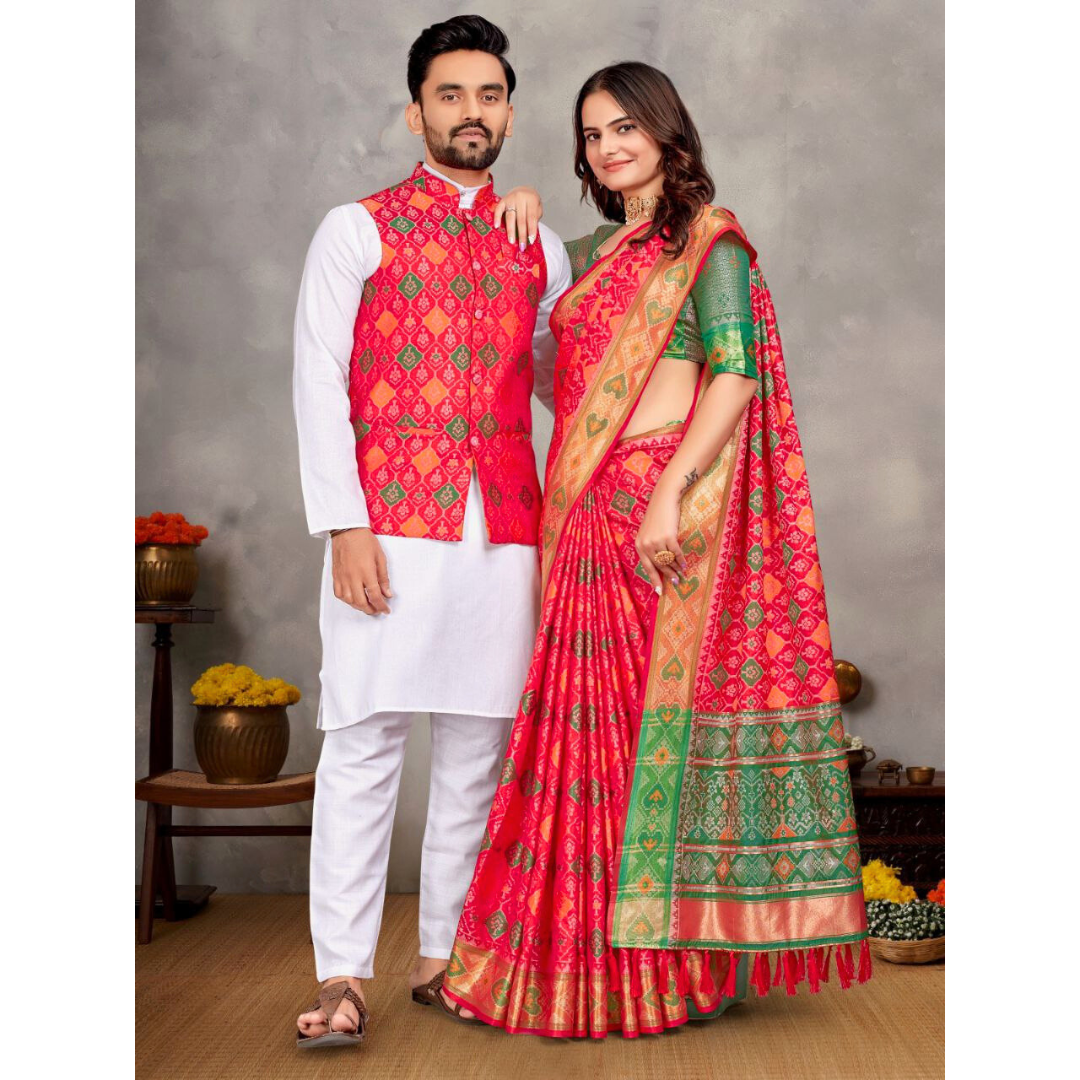 Couples wear Traditional Indian Pink Men Kurta Pajama Koti and Women S mahezon