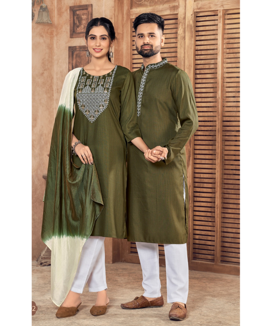 Load image into Gallery viewer, Couple wear Green Men Kurta Pajama and Women Kurti Pant Dupatta Same Matching Outfits set mahezon
