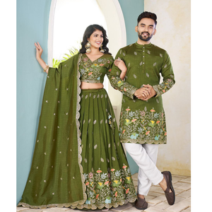 Crunchy Silk Traditional Indian Couple Wear Same Matching Men Kurta Women Lehenga Blouse Dupatta for Weddings mahezon